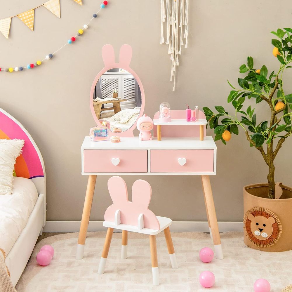 Beauty Makeup Chair - 2-in-1 Wooden Princess Makeup Table and